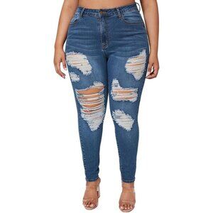 Plus Size Skinny Jeans Womens High Waisted Ripped Blue Stretchy Denim